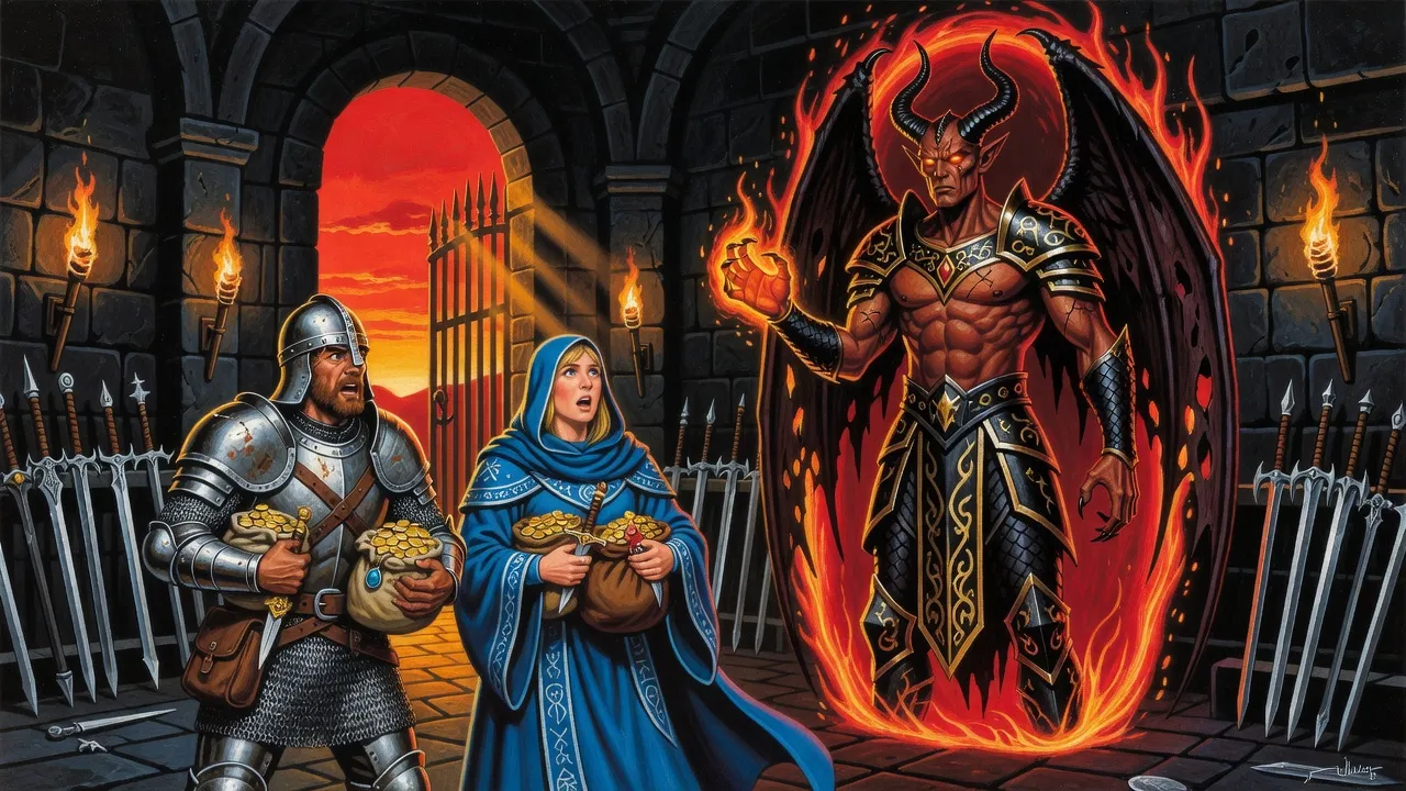 A winged demon lord with a raised, glowing clawed hand steps out of a red portal into a black stone armoury as two looting raiders freeze.