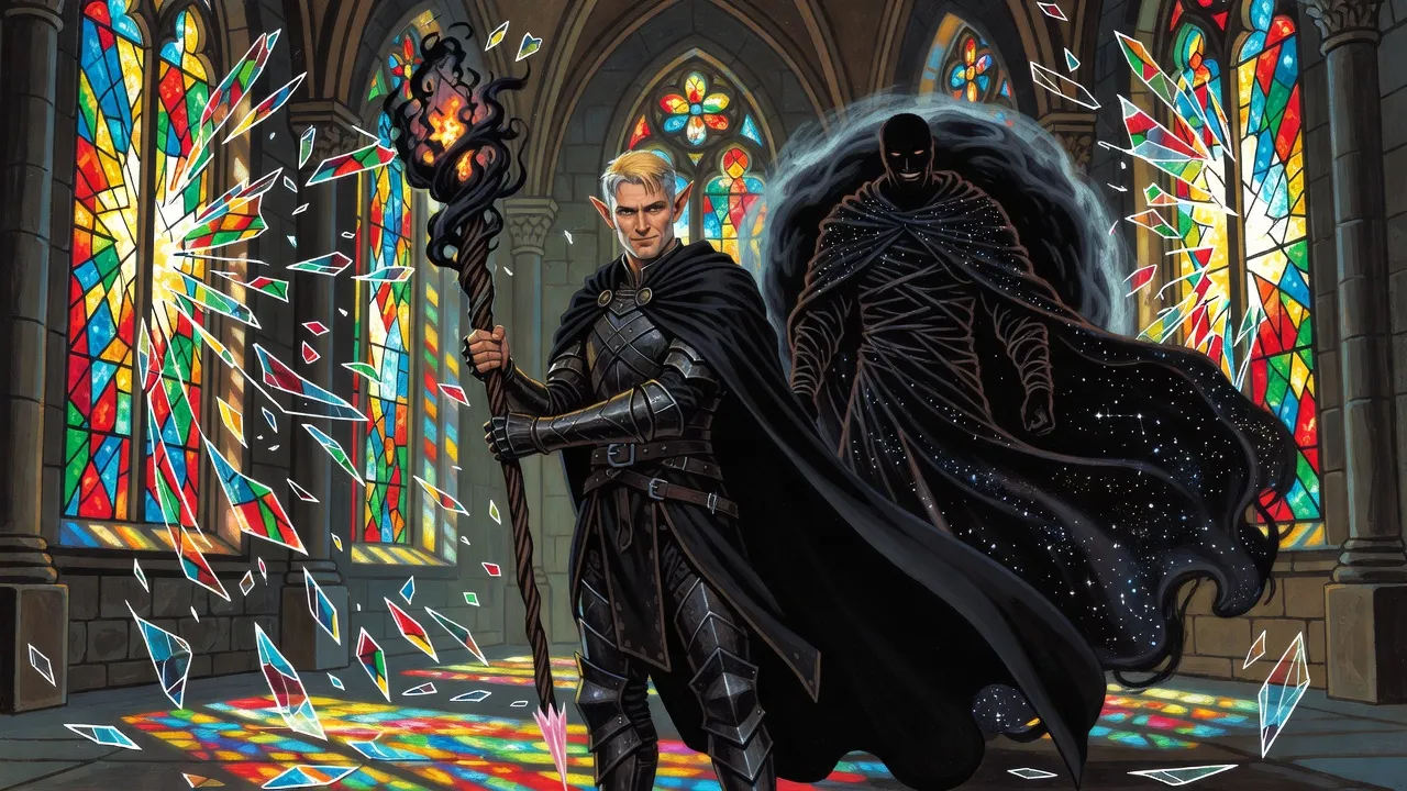 An elf knight grips a crooked staff wrapped in writhing darkness as stained-glass windows burst outward and a dark god steps from a portal behind him.
