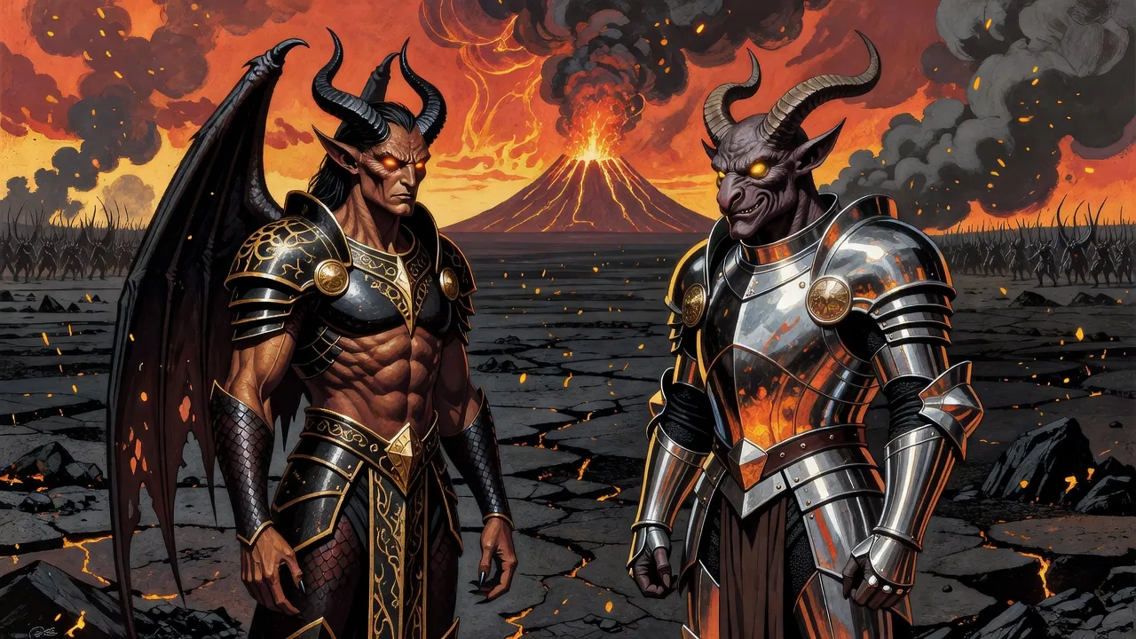 Two demon lords, one winged and horned, one in mirror-bright armour with goat horns, face each other on a black ash plain between distant armies.
