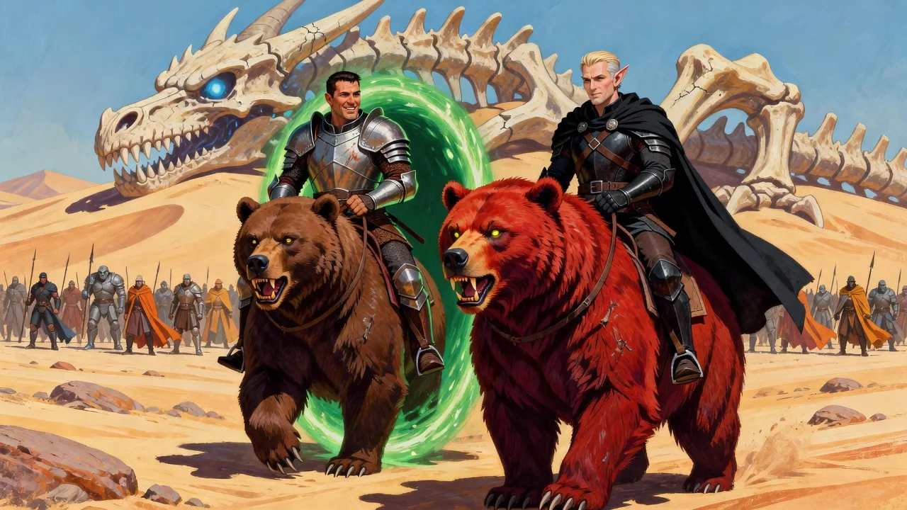 A big armoured warrior rides a brown she-bear out of a green portal ring in a desert pass, the bear sniffing at a huge russet bear ridden by a grinning elf knight.