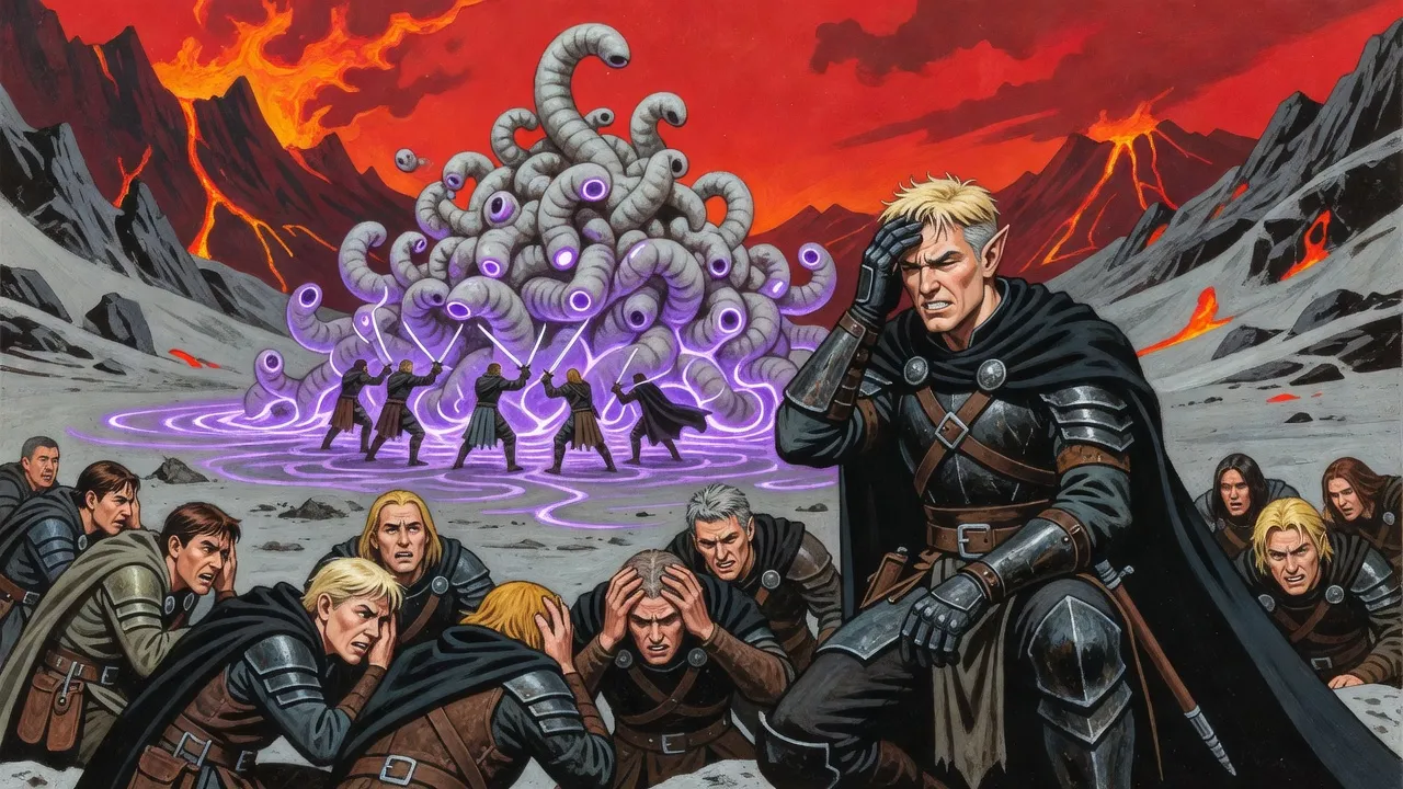 Armoured fighters advance with raised blades on a tall heap of pale writhing worms glowing violet, while others double over clutching their heads, an elf knight among them.