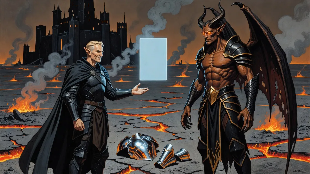 An elf knight holds out his hand to a wary winged demon lord over a mirror-bright breastplate and bracers lying on scorched ash, a pale blue pane hanging between them.