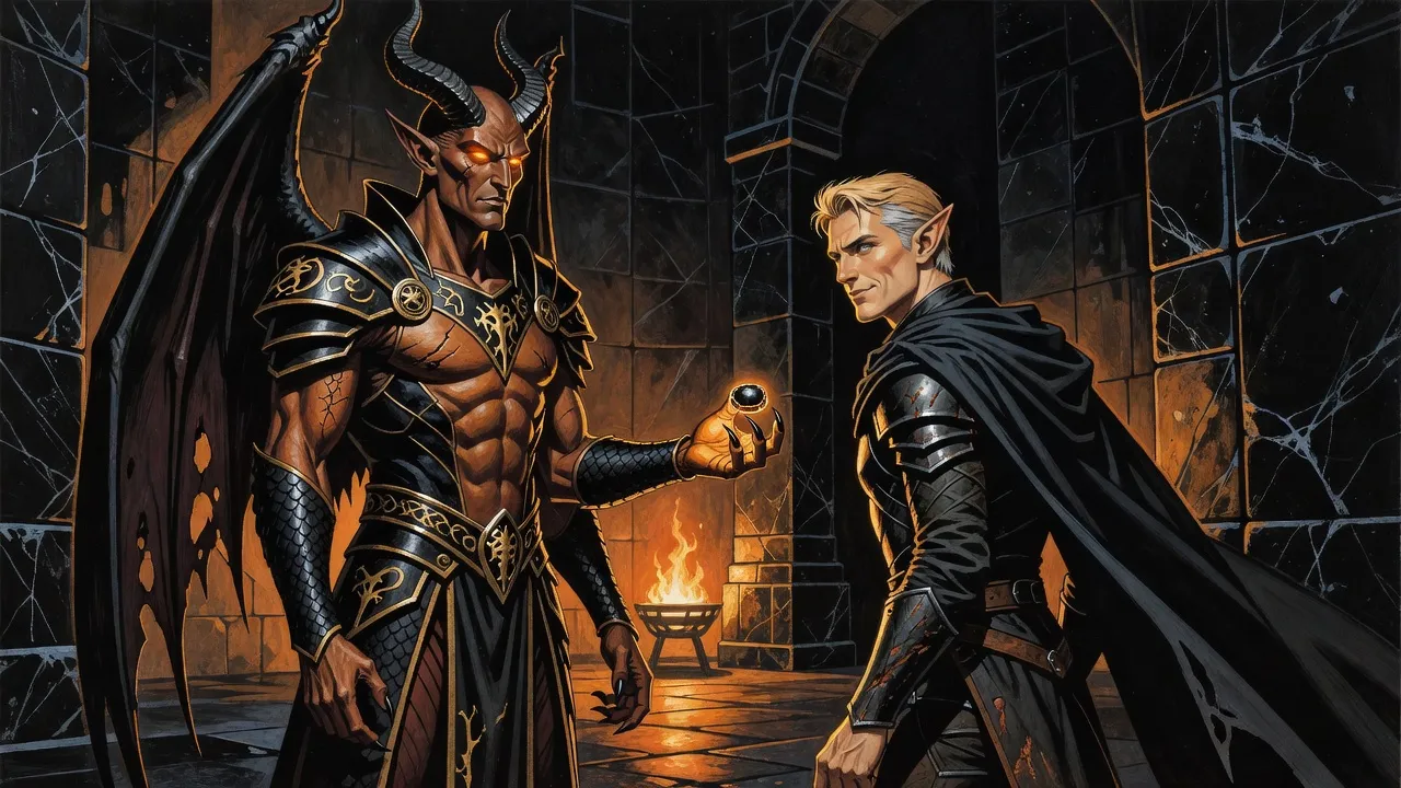 In a dim black-stone hall, a winged demon lord holds out a heavy ring on his clawed palm to an elf knight who looks back as he turns to leave.