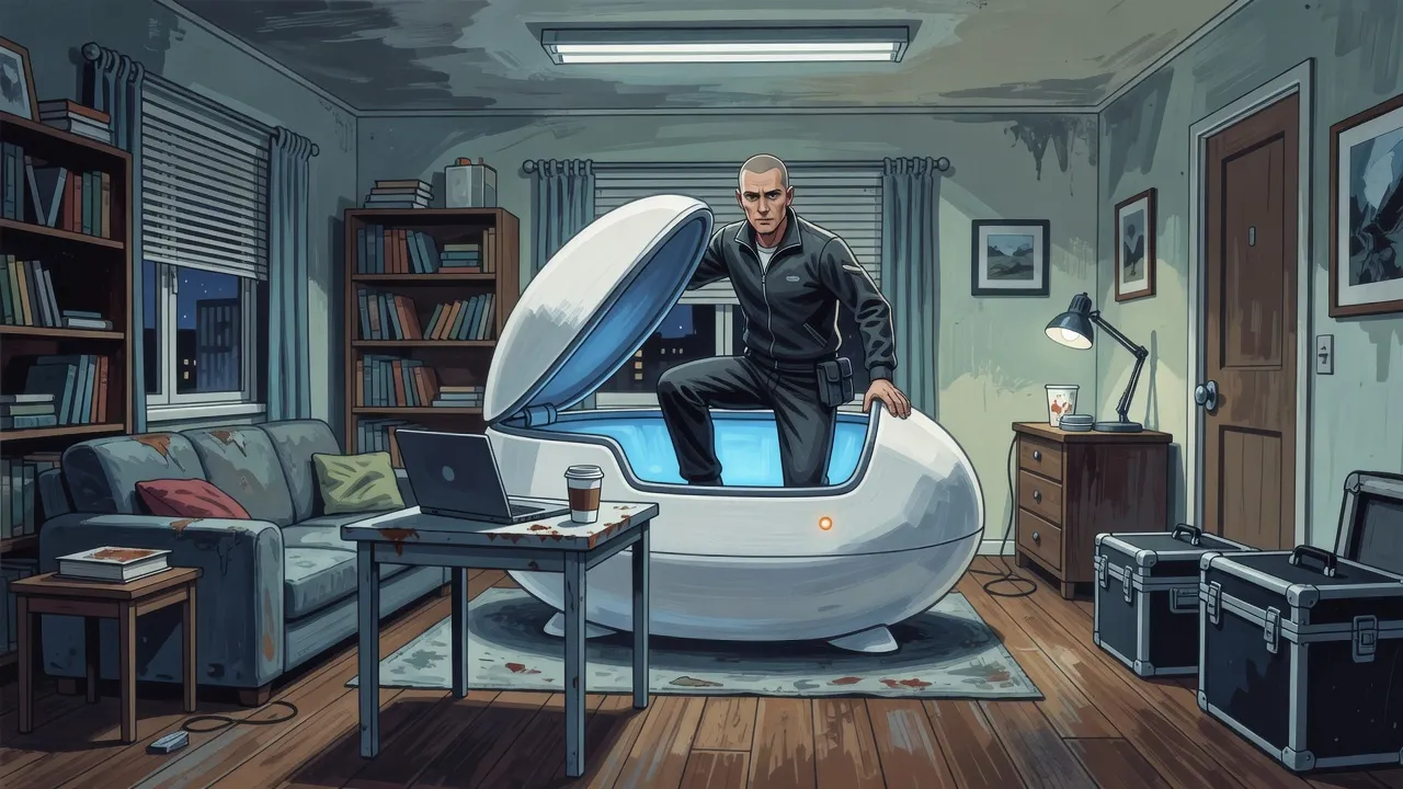 In a city apartment at night, a lean man in a tracksuit climbs into a white egg-shaped capsule beside a table with a laptop.