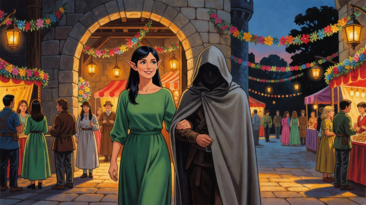At a lantern-lit castle festival, a black-haired elf woman walks calmly out through an archway beside a hooded stranger.
