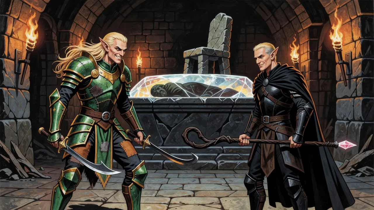 In a torchlit crypt, an elf knight with a dark staff faces a sneering elf warrior in patchwork armour with two hooked blades before a huge crystal sarcophagus topped by a crude stone chair.
