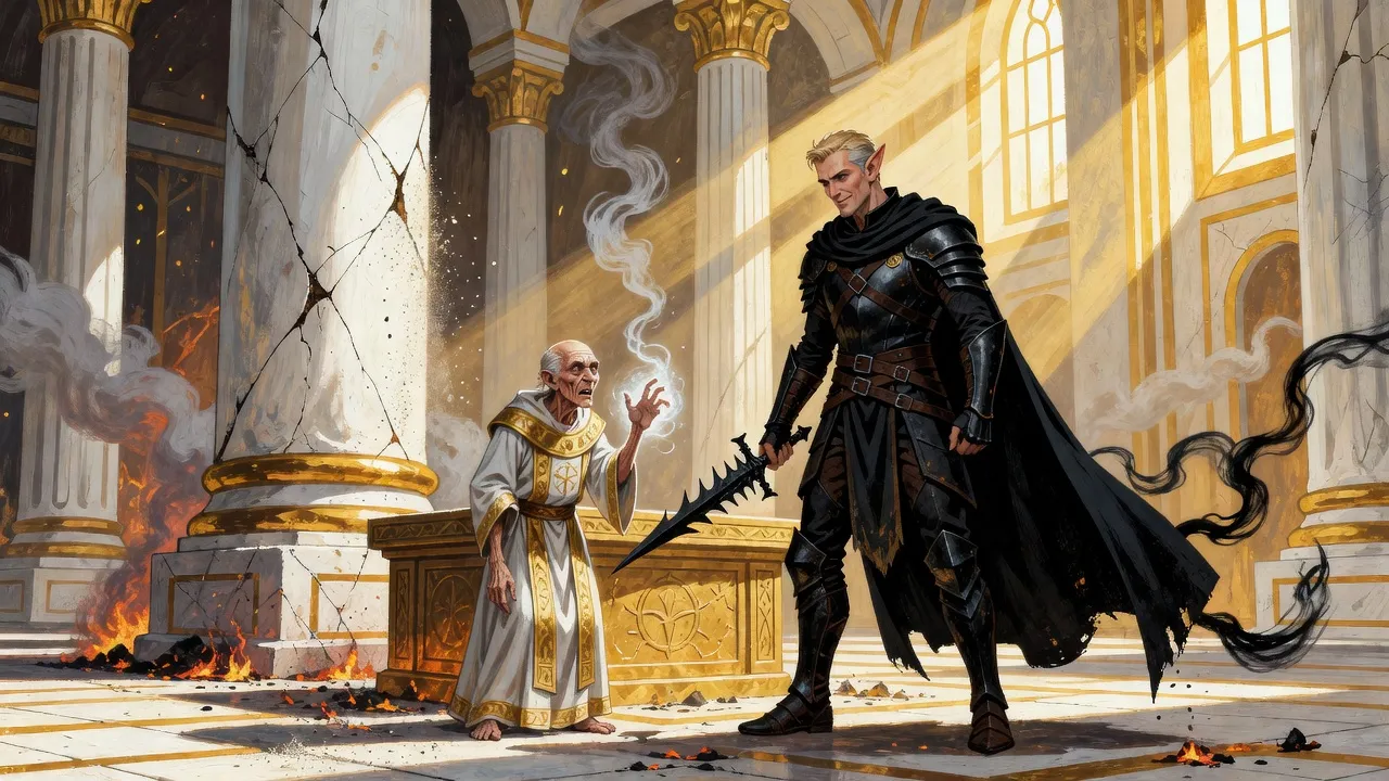 In a smoky white-and-gold temple, an elf knight with a black many-edged dagger advances on a withered old priest at the foot of a golden altar.