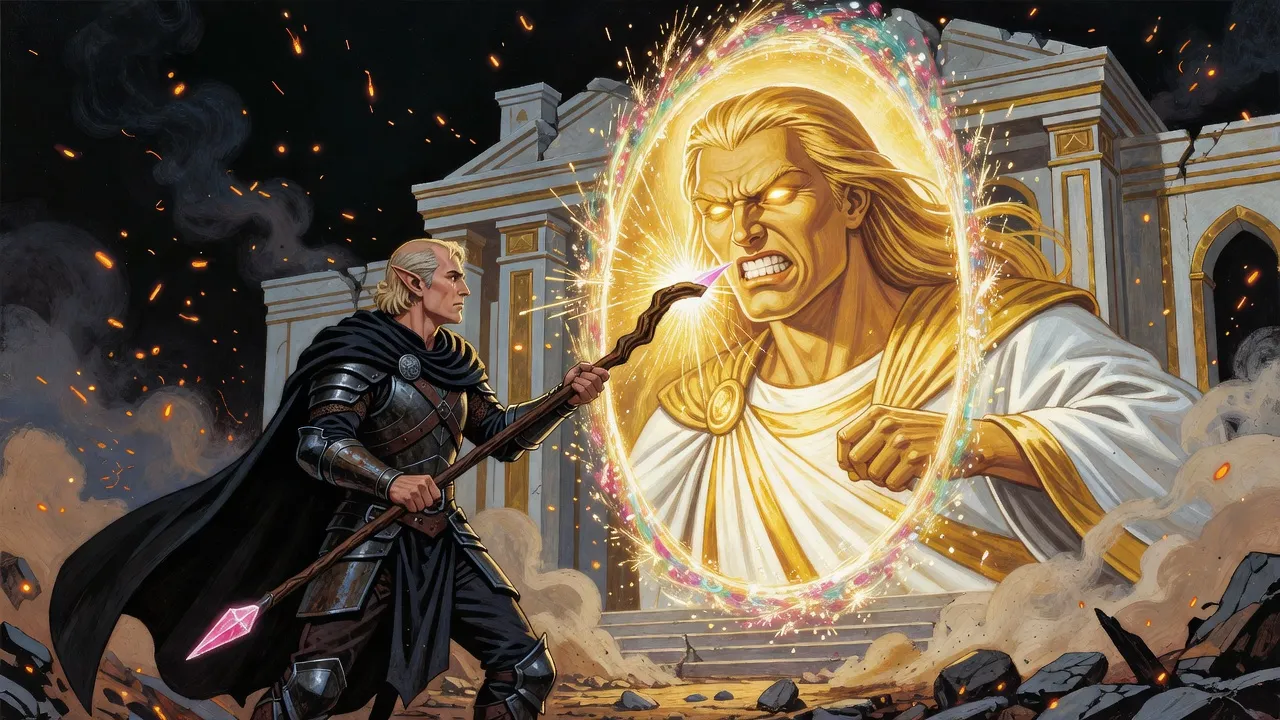 In a smoking ruined temple, an elf knight swings a dark staff tipped with a pink spike at a colossal, furious radiant face appearing in a swirling portal.
