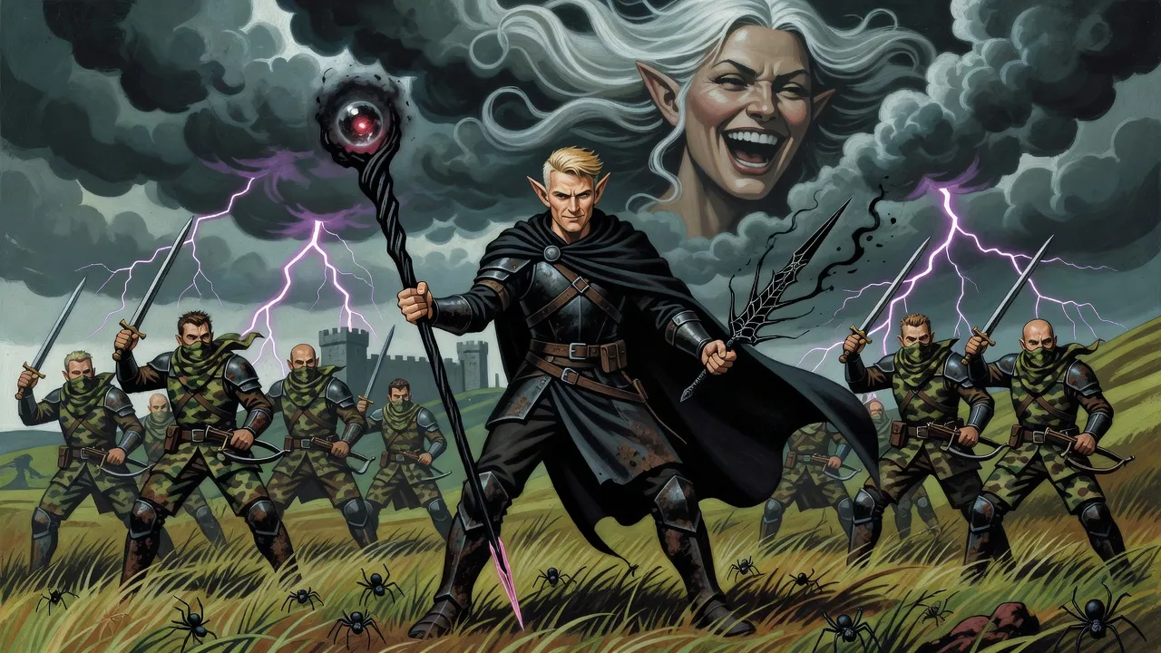 An elf in a black cloak fights alone with a staff in one hand and a dagger in the other, ringed by camouflaged soldiers on a stormy hillside, while the clouds above form a laughing woman’s face.