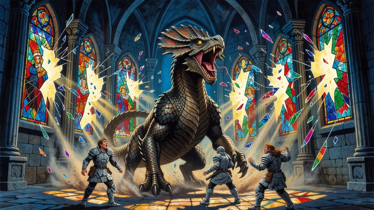 A colossal armoured reptile rears roaring inside a temple as stained-glass windows burst around it and armoured figures at its feet turn to stone.