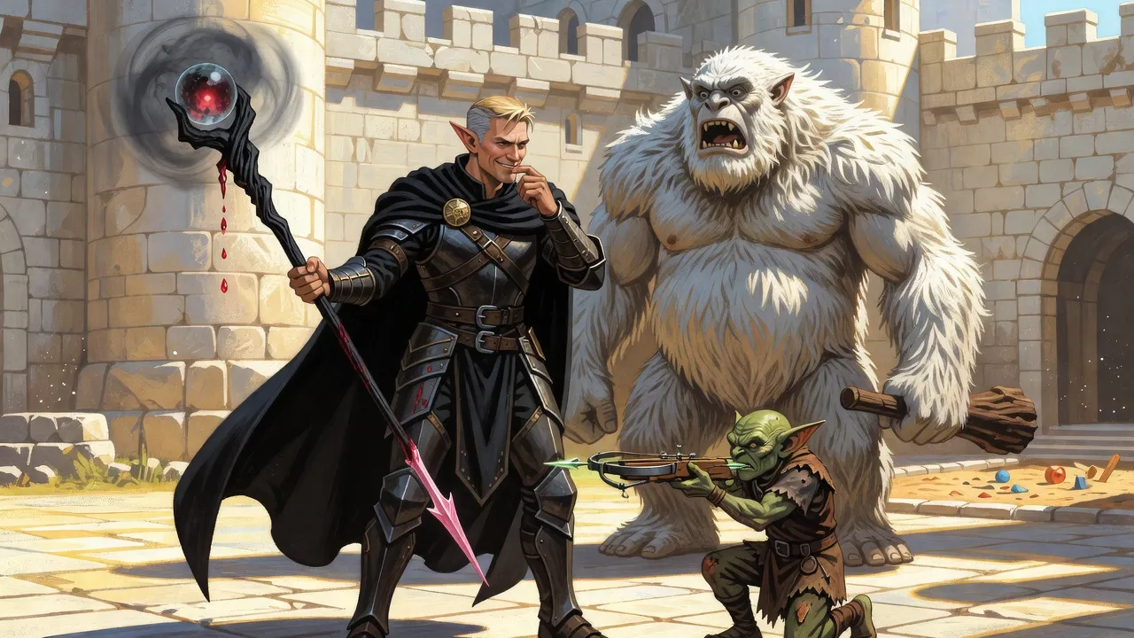 An elf holds out a staff whose pink spike strains toward drops of blood on its black shaft, while a goblin aims a small crossbow at his knee and a huge white troll looks on aghast.