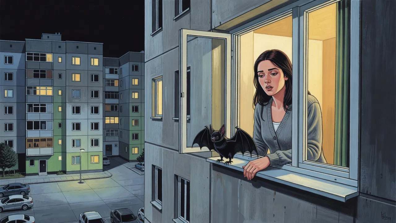 At night, a pale young woman leans on the sill of an open window high in a grey concrete apartment tower as a bat lands beside her hand.