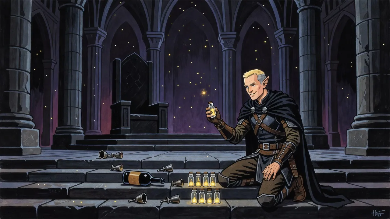 In an empty dark temple hall, an elf kneels on the steps below a vacant throne, catching drifting golden motes of light in small glass vials.