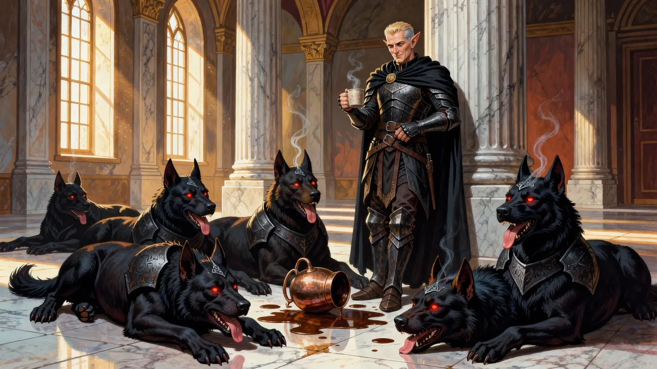 Black hellhounds sprawl blissfully around a spilled coffee pot in a marble corridor while a grinning elf in a black cloak leans against a pillar with a mug.