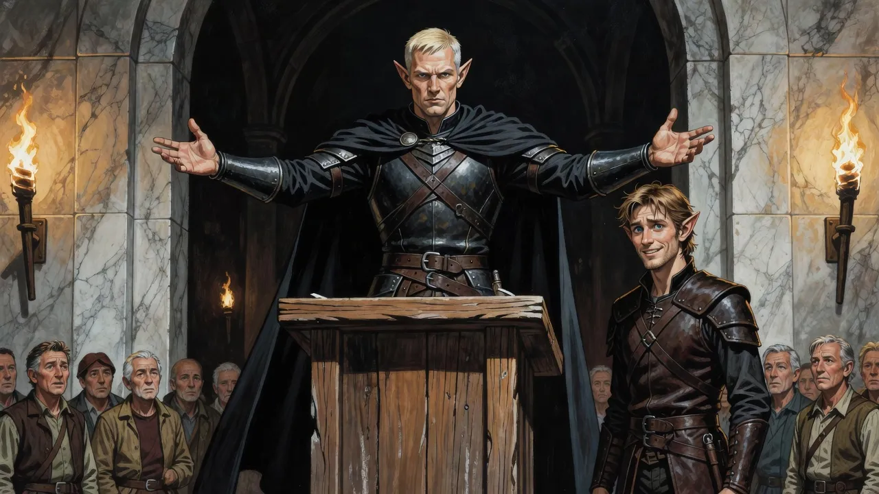 An elf on a rough podium seems to swell as darkness gathers in the corners of a marble hall, while a young officer beside him looks overwhelmed and a crowd of visitors shrinks back.