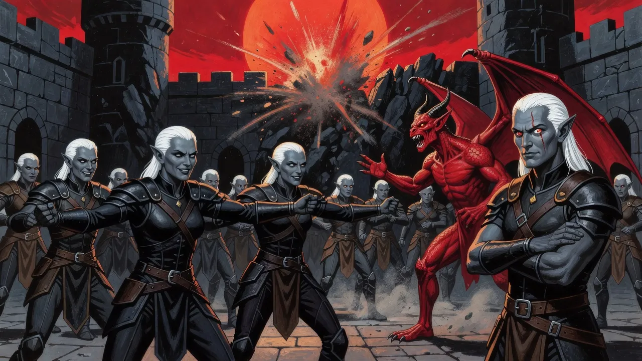 Rows of drow women soldiers thrust their arms forward in unison in a demon fortress courtyard under a red sun, while a winged demon instructor and a scarred drow officer watch.