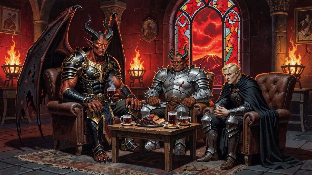 In a brazier-lit study by an open stained-glass window, a demon prince with a goblet, a vacant-eyed demon general in spiked silver armour and a grieving elf leaning forward in an armchair.