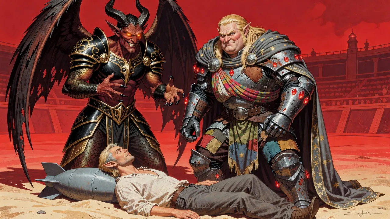 A hulking warrior in patchwork power armour looks down at an elf lying limp on arena sand beside a large finned bomb, while a horned demon shakes out his clawed hands like a conjurer.