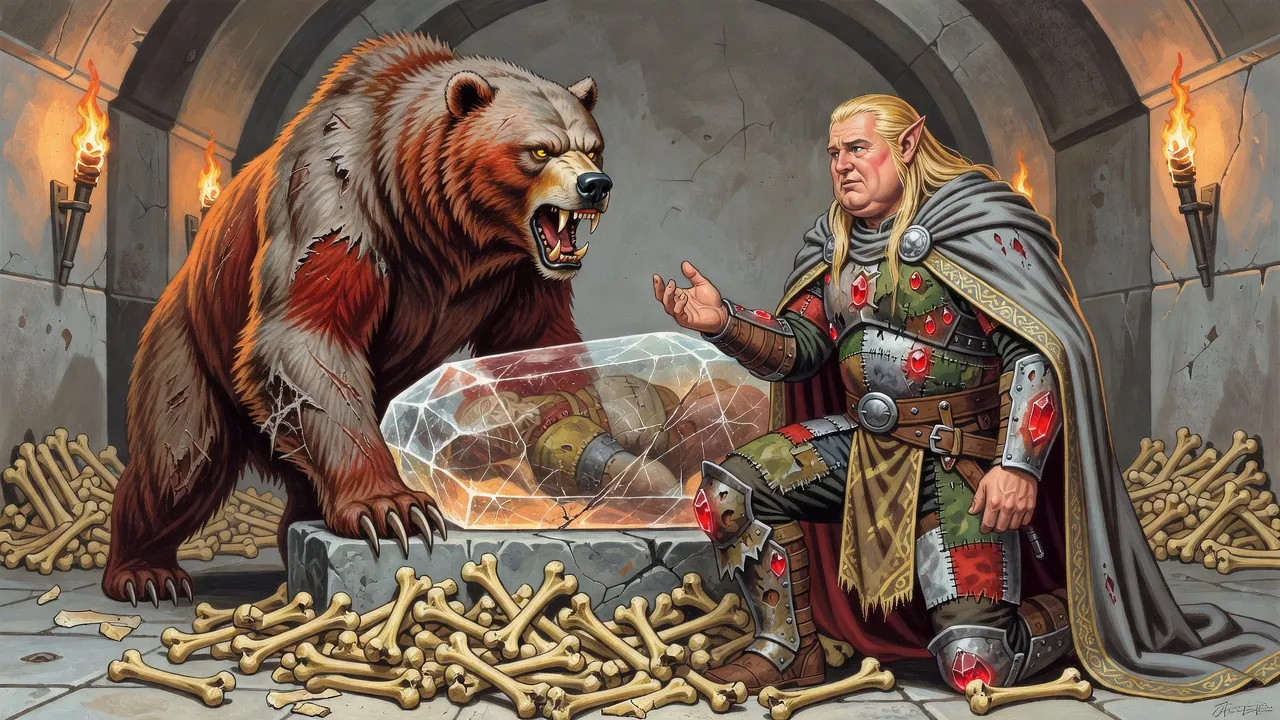 In a torchlit stone tomb, a gaunt grey scarred bear rises from a heap of bones toward a huge armoured warrior kneeling with an open hand.