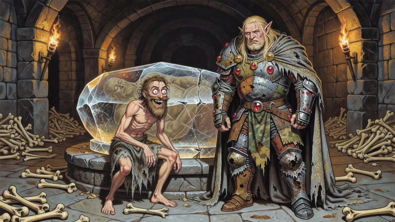 A skinny wild-eyed bearded man in ragged bear hide crouches grinning by a crystal sarcophagus while a battered giant in power armour slumps against the glass.