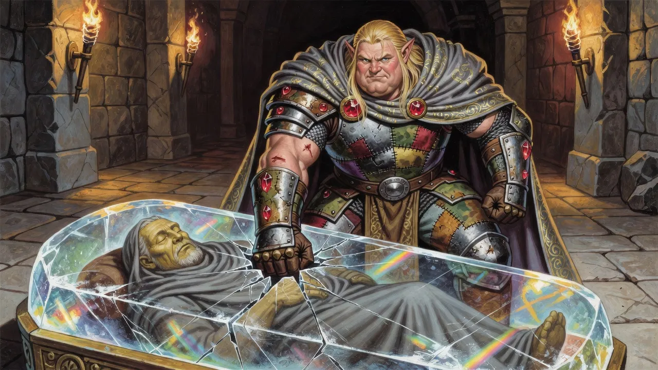 A huge armoured warrior forces his arm through a crack in a crystal coffin lid above a sleeping giant with a calm, ancient face.