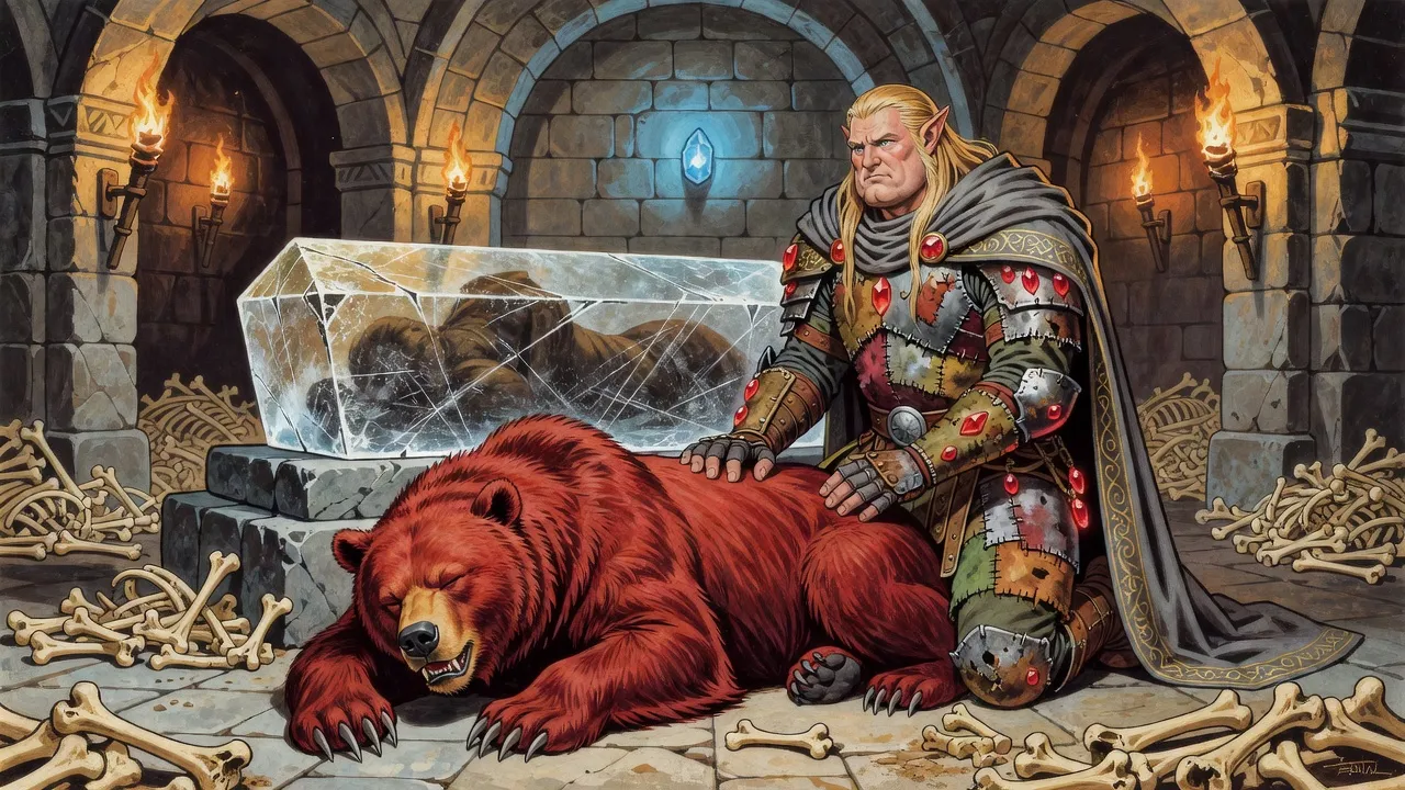 A huge armoured warrior kneels with bowed head beside a dead grey bear among bones, one hand buried in its fur.