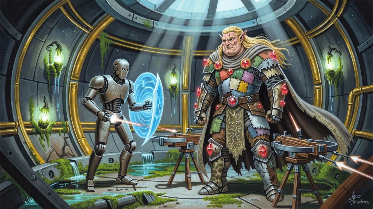In a curved metal chamber of gold conduits and glowing moss, a tall steel droid with a laser arm and a blue force shield advances on a giant warrior sheltering behind crossbow turrets.