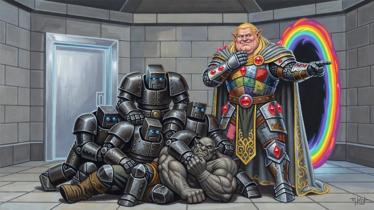 In an octagonal stone hall, a pile of heavy iron golems pins down a huge orc while a giant in power armour rubs his throat and points at a rainbow-edged portal.