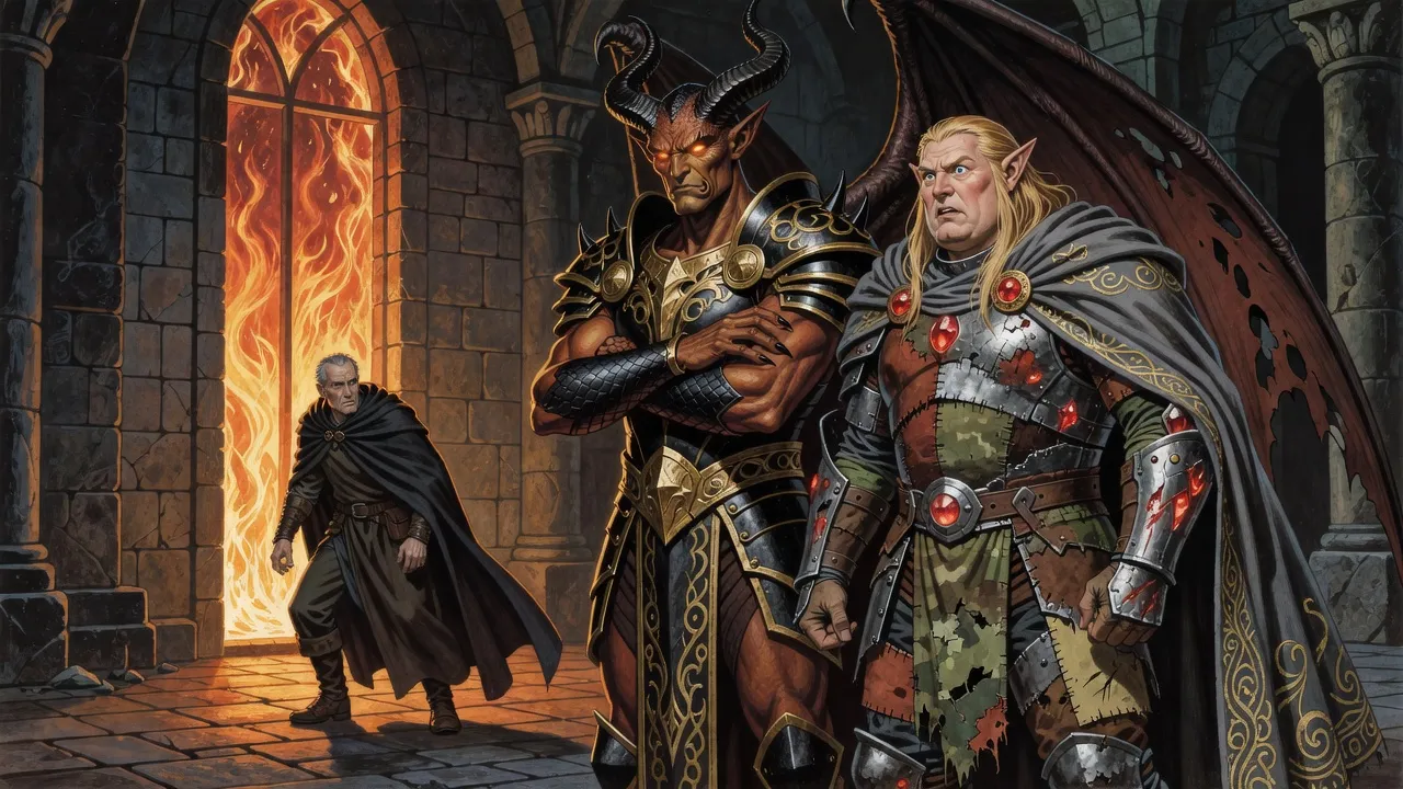 A grey-eyed man in a dark cloak steps warily out of a window of fire into a basalt hall, watched by a horned demon prince and a giant in power armour.
