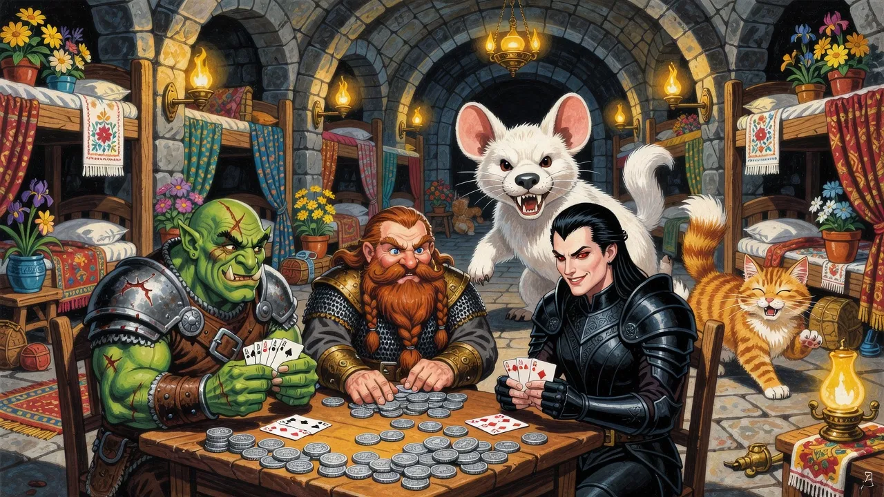 An old stone crypt turned into cosy barracks with curtained bunks and flowers, where an orc, a dwarf and a drow play cards for holed coins as a white furry creature chases a ginger cat.