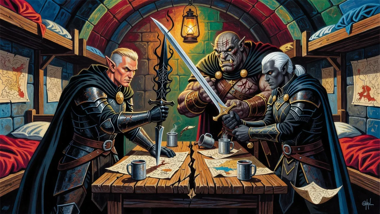 In a cramped stone officers’ room an elf drives a strange black dagger into a map-covered table as a scarred grey orc and a drow officer bring their blades down too, and the table buckles.