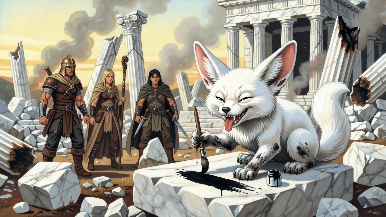 On a smoking block of white marble rubble a sooty white creature with huge round ears sweeps a paintbrush across the stone, its tongue poking out.