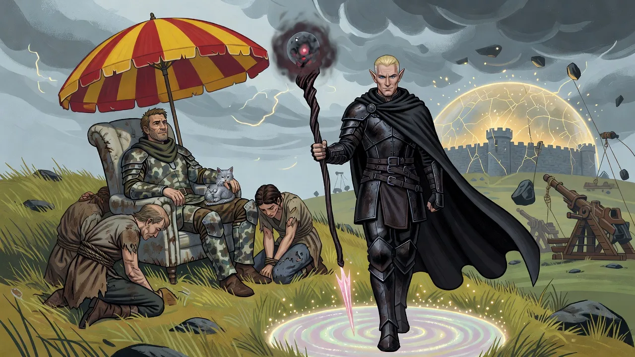 Outside a castle whose glowing dome is cracking under trebuchet fire, a camouflaged man lounges in an armchair under a parasol beside kneeling prisoners as an elf steps alone out of a portal.