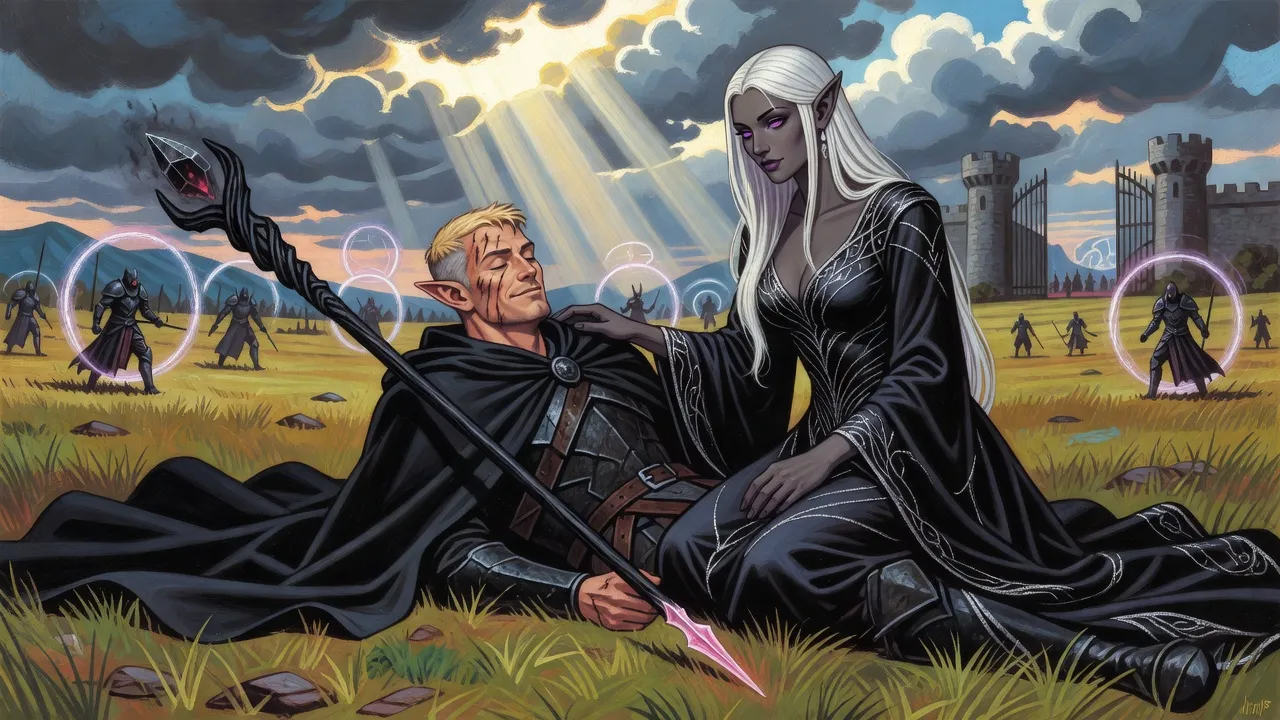On trampled grass after a battle, a beautiful silver-haired drow woman kneels beside a fallen elf with her hand on his hair, as rings of light open behind them and castle gates swing wide.