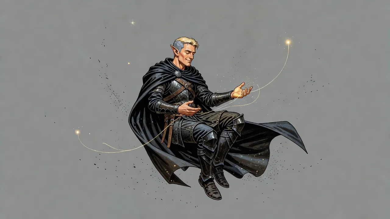 A pale, translucent elf floats curled in an endless grey void while threads of golden light reach toward him from distant glowing points.
