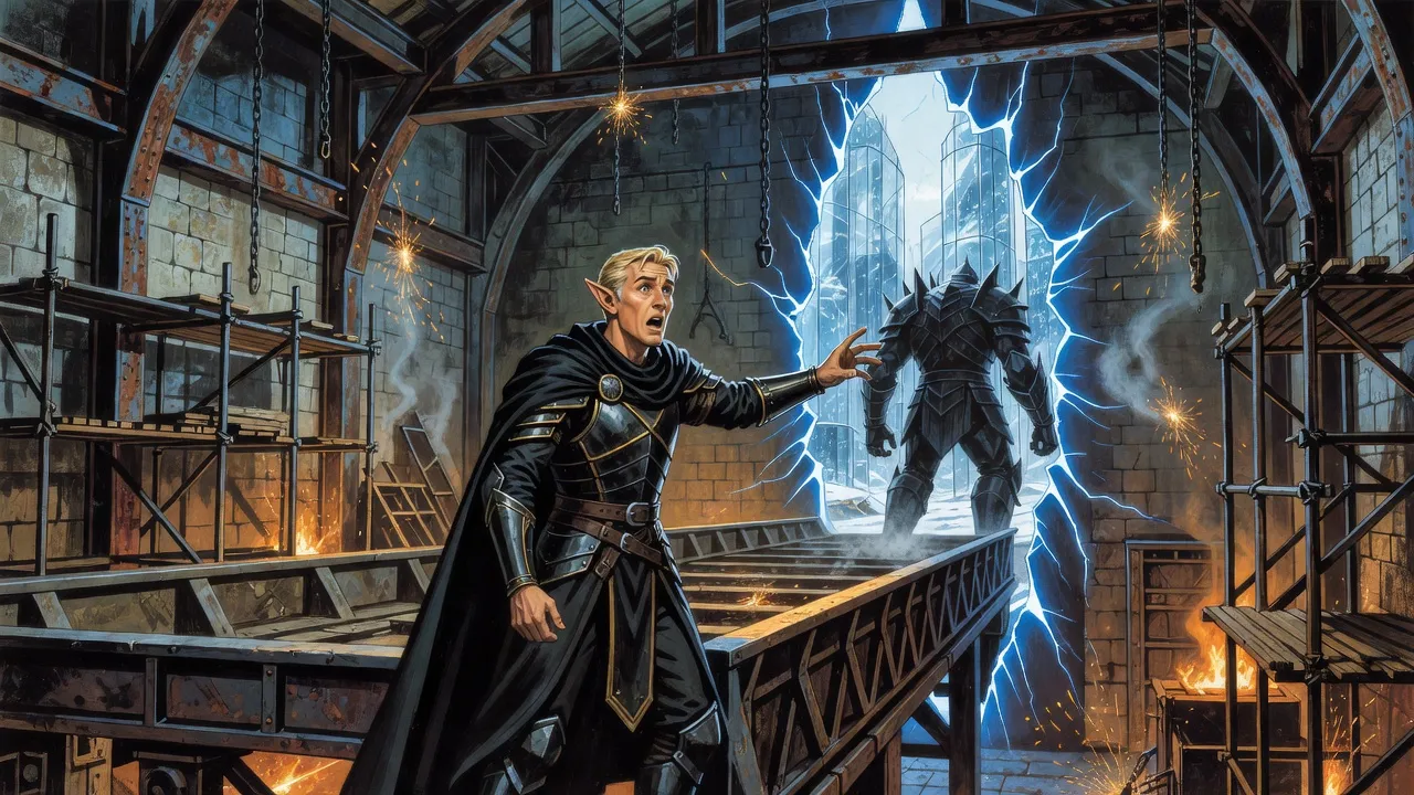 An elf stands at the edge of an empty giant cradle in a vast workshop, staring at a ragged tear in the air through which the back of a colossal armoured golem disappears into a city of glass towers.