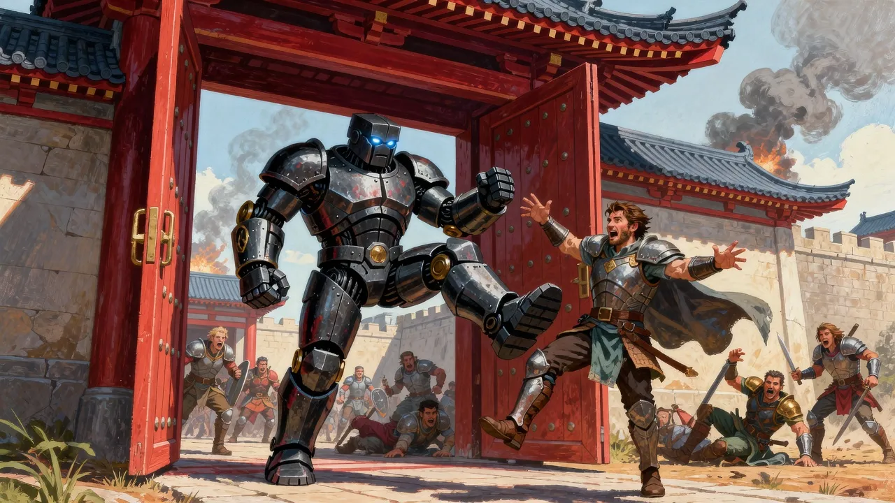 In the open gateway of an eastern fortress with curved tiled roofs, a heavy iron golem kicks an armoured attacker through the gate like a ball.