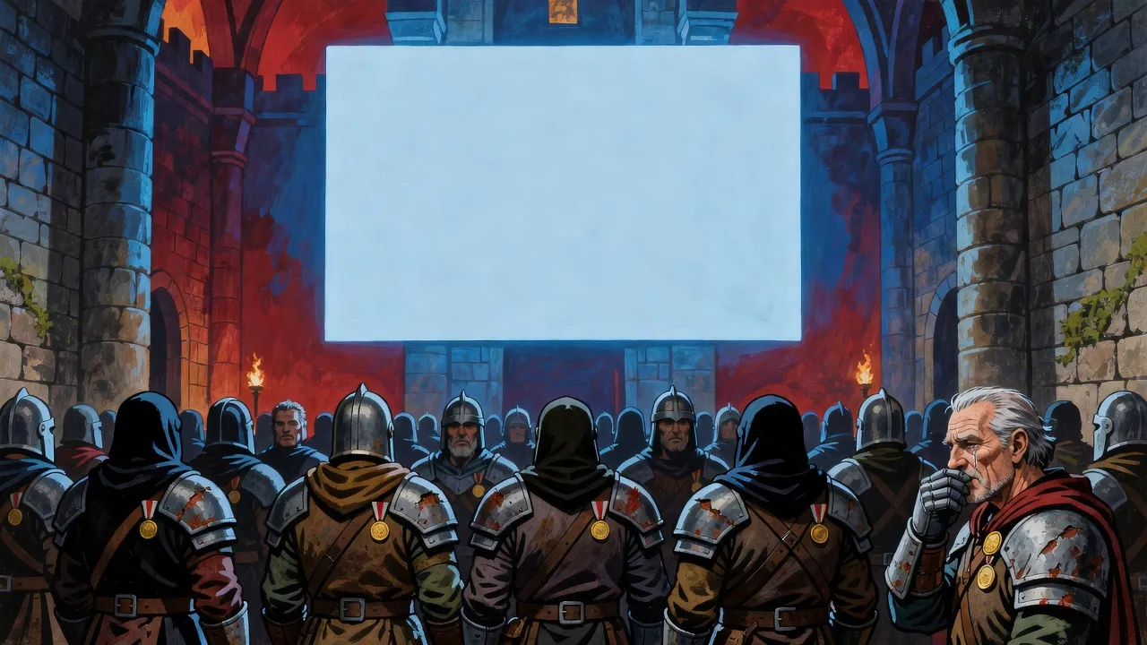 Seen from behind, a crowded castle hall faces a huge blank pane of pale blue light, and in the front row an old warrior turns aside to wipe his eyes.