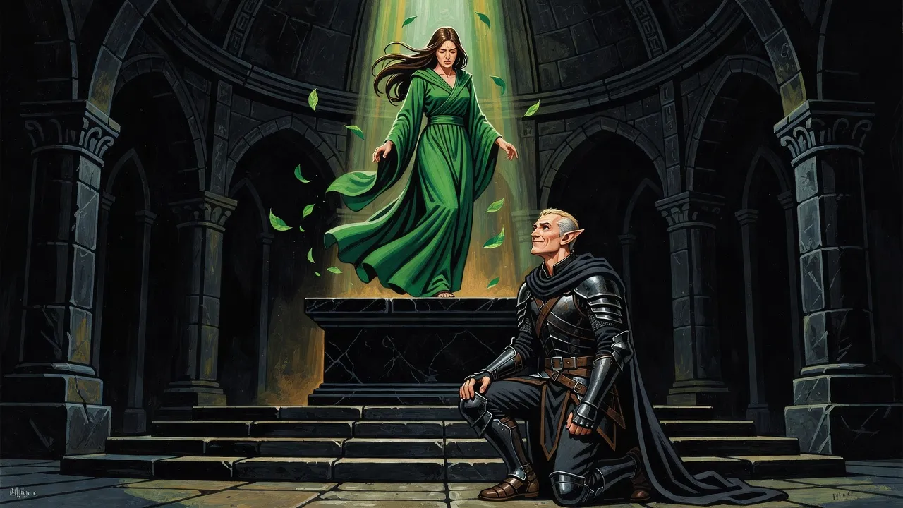 A tall woman in flowing green robes descends in a shaft of light onto a black altar, eyes shut and face pained, as an elf kneels at the foot of the steps.