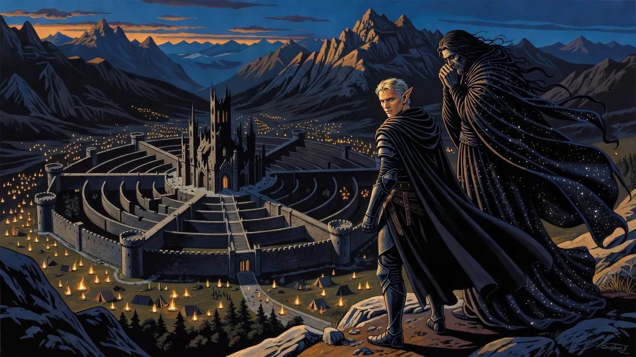 At dusk, an elf in a black cloak and a tall god wrapped in starry darkness look down from a rocky outcrop on a vast fortress-temple in a valley glittering with campfires.