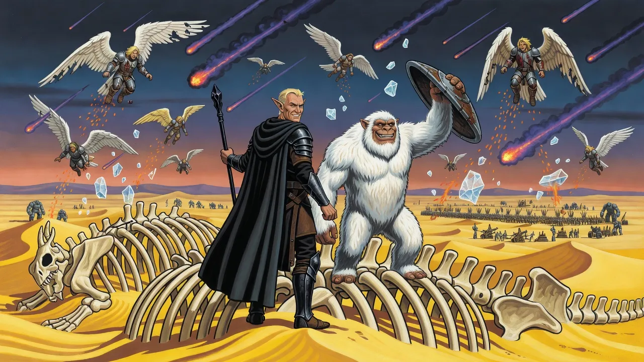 An elf in black armour and a huge white-furred troll stand on the bone ramparts of a giant dragon skeleton in the desert, looking out over a vast besieging army under falling meteors.