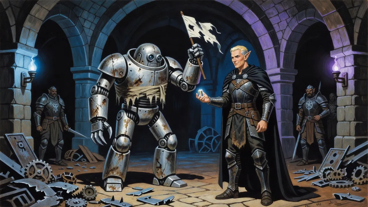 A battered, neckless war-robot holds up a scrap of white plastic to an elf in black armour in an underground stone hall.