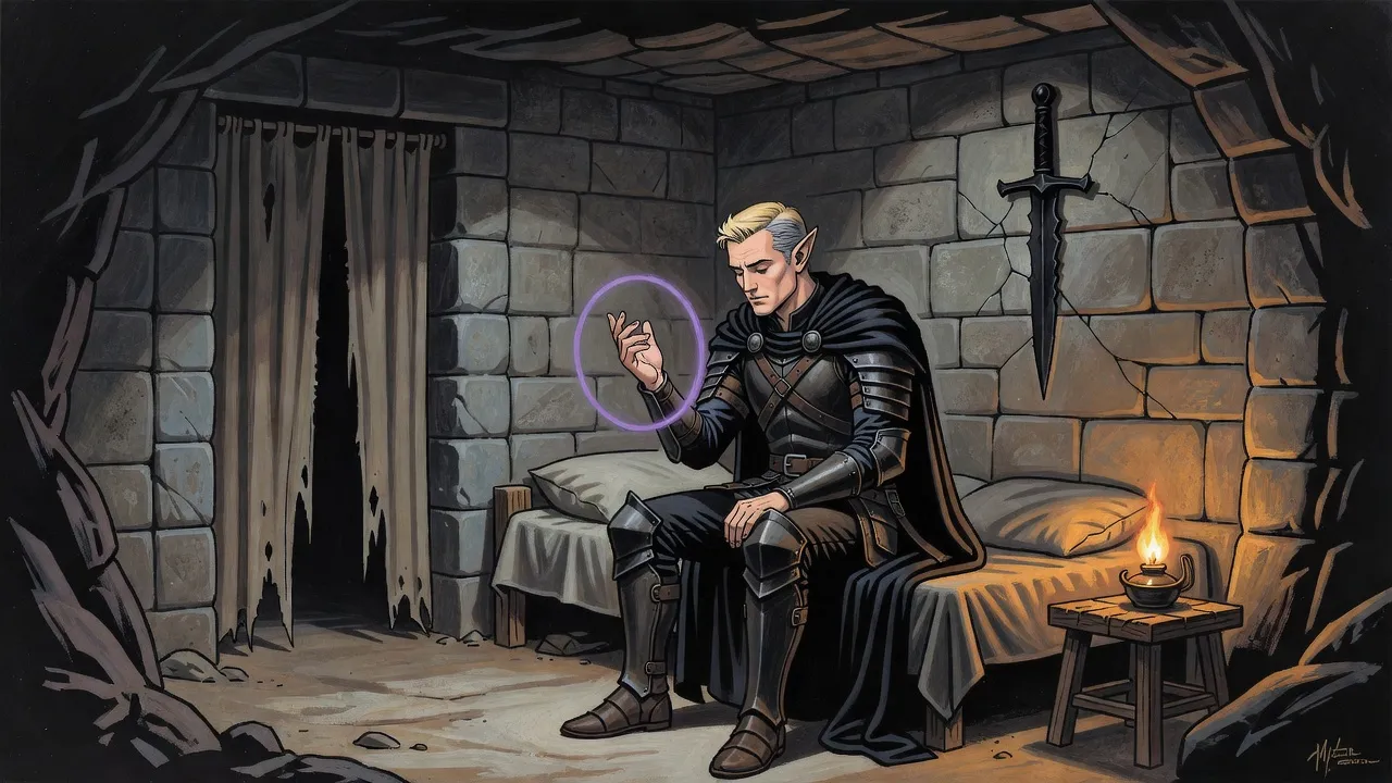 An elf sits on a camp bed in a lamplit stone room, eyes closed, tracing a circle in the air beneath a broken dagger stuck in the wall.