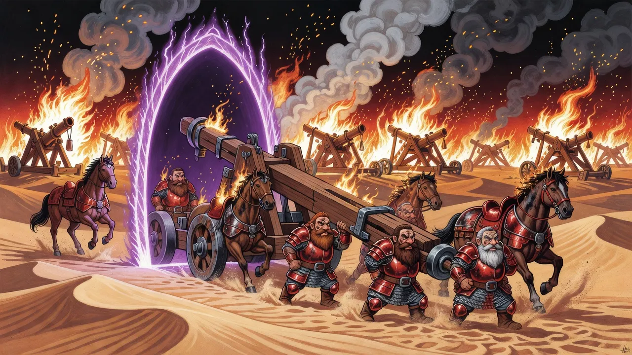 In a burning desert camp at night, armoured dwarfs heave the pieces of a giant trebuchet through a glowing portal while horses press toward it.