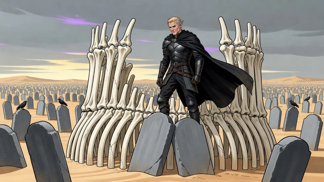 At first light an elf in a black cloak looks down from a bone rampart over thousands of crooked grey tombstones, two of them leaning back to back.