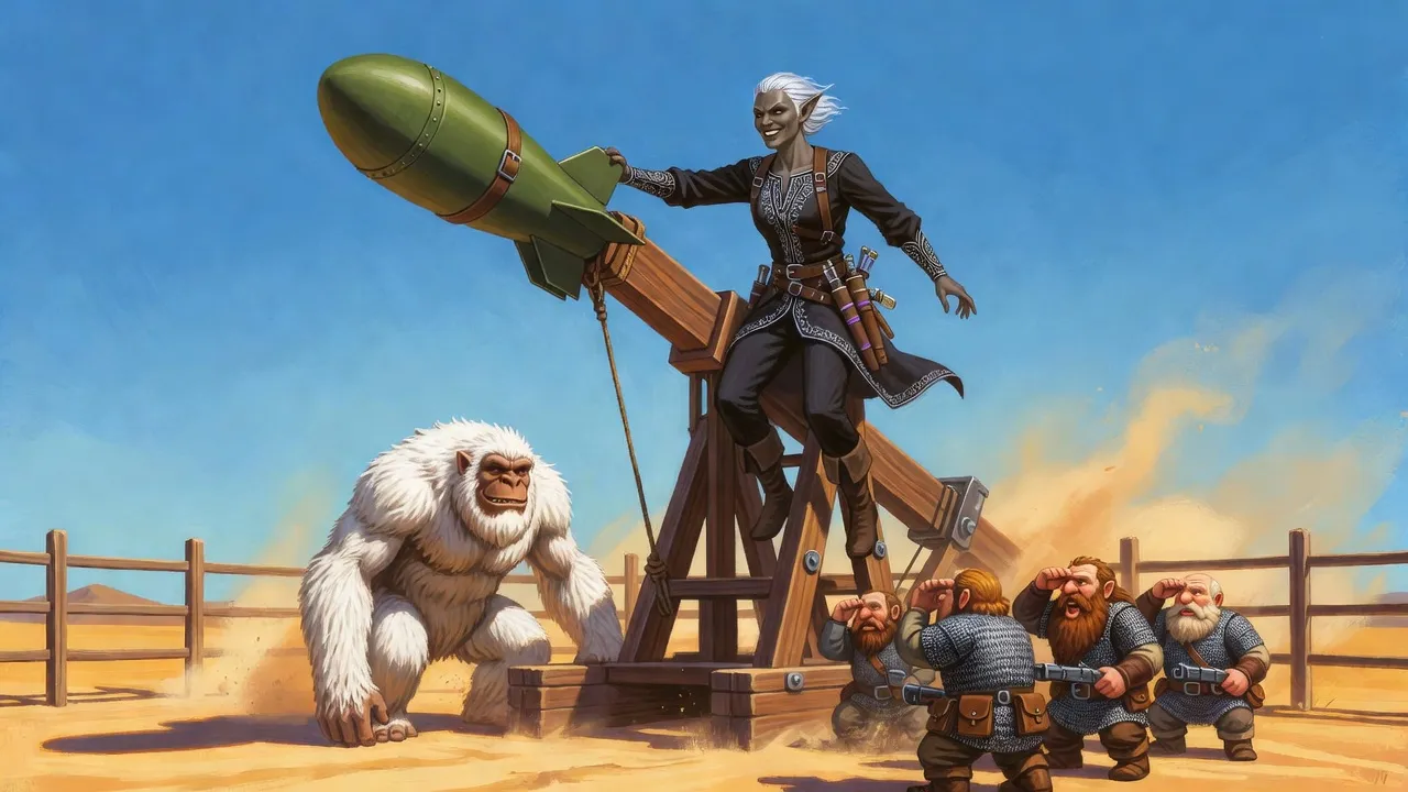 A giant trebuchet flings an aircraft bomb into the sky with a grinning drow woman harnessed to it, while a white-furred troll and dwarfs watch from below.