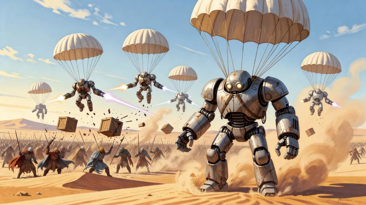 Wooden crates burst apart in the sky over a desert army as battered war-robots float down under white parachutes, firing streaks of plasma.