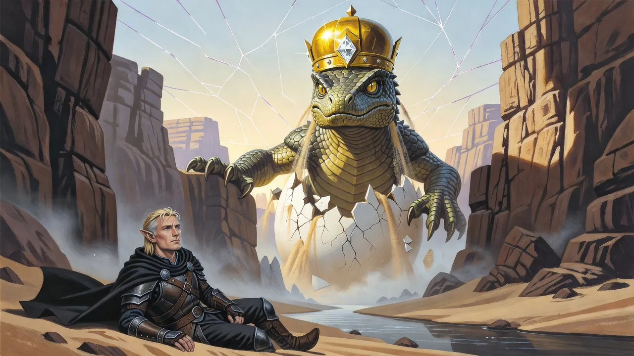 A colossal crowned lizard rises out of a giant cracked egg in a desert ravine while a tiny elf lies in the sand beside its foot.