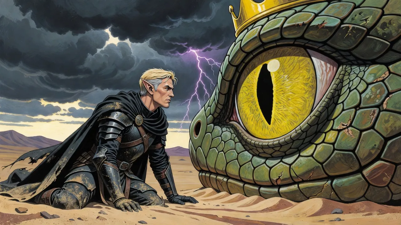 A dazed elf sits in the sand glaring into a single enormous yellow serpent eye set in a wall of green scales.
