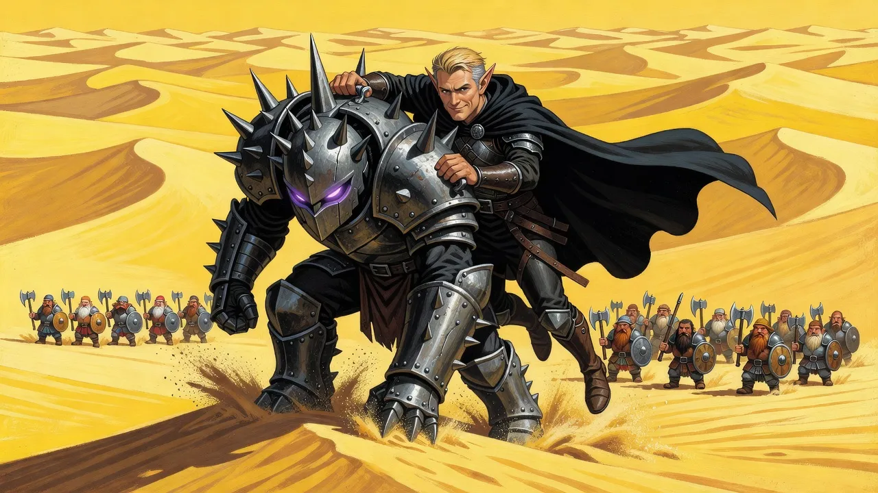 An elf clings to the back of a huge spiked iron golem as it lurches to a halt on a dune, with columns of armoured dwarfs marching behind.